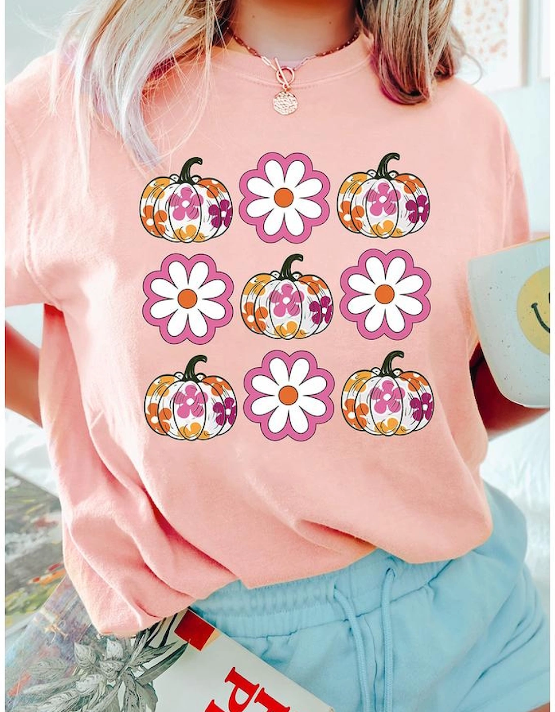 Pink Floral Pumpkin Thanksgiving Holiday Funny Graphic T Shirt