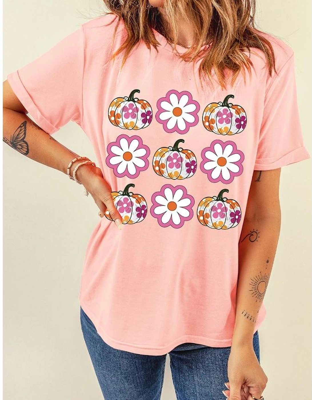 Pink Floral Pumpkin Thanksgiving Holiday Funny Graphic T Shirt
