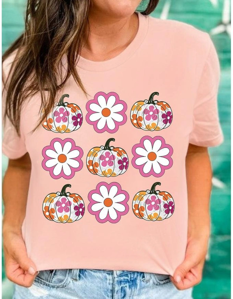 Pink Floral Pumpkin Thanksgiving Holiday Funny Graphic T Shirt