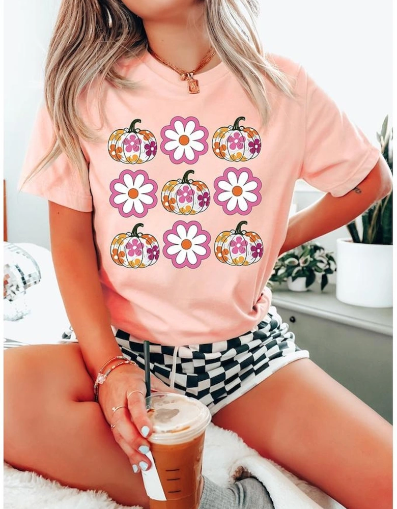 Pink Floral Pumpkin Thanksgiving Holiday Funny Graphic T Shirt