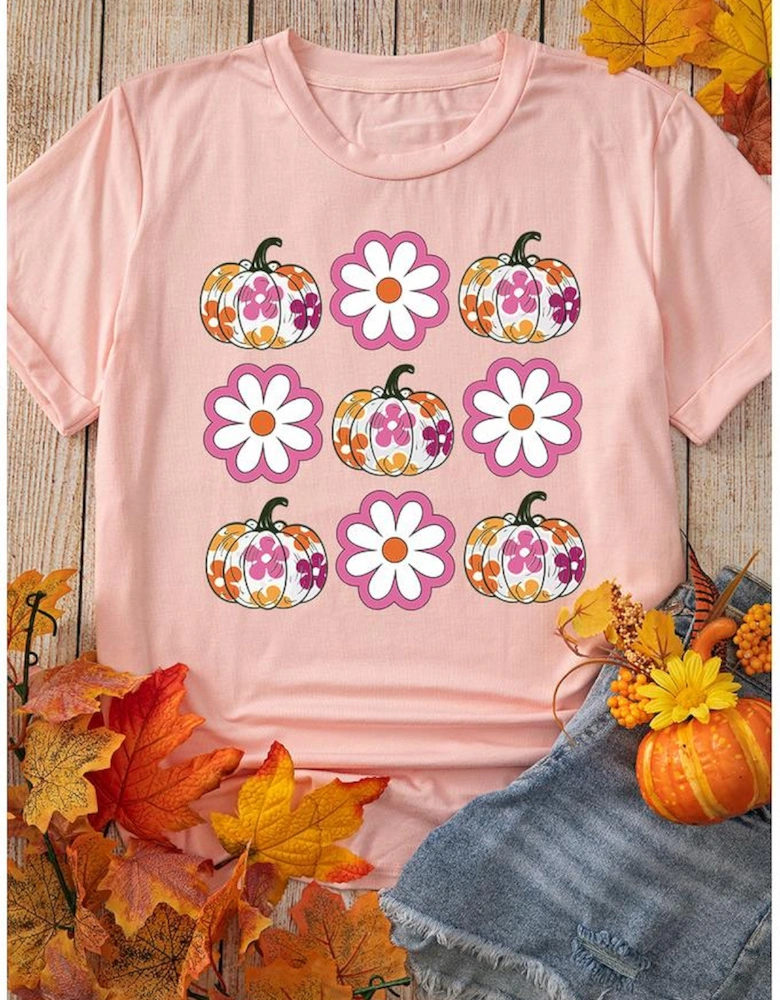 Pink Floral Pumpkin Thanksgiving Holiday Funny Graphic T Shirt