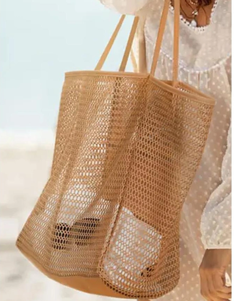 Azura Exchange Light French Beige Hollowed Zipped Interior Pocket Nylon Tote Bag