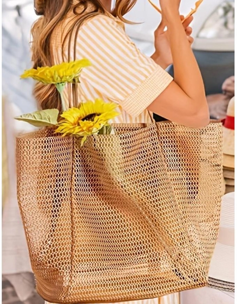 Azura Exchange Light French Beige Hollowed Zipped Interior Pocket Nylon Tote Bag