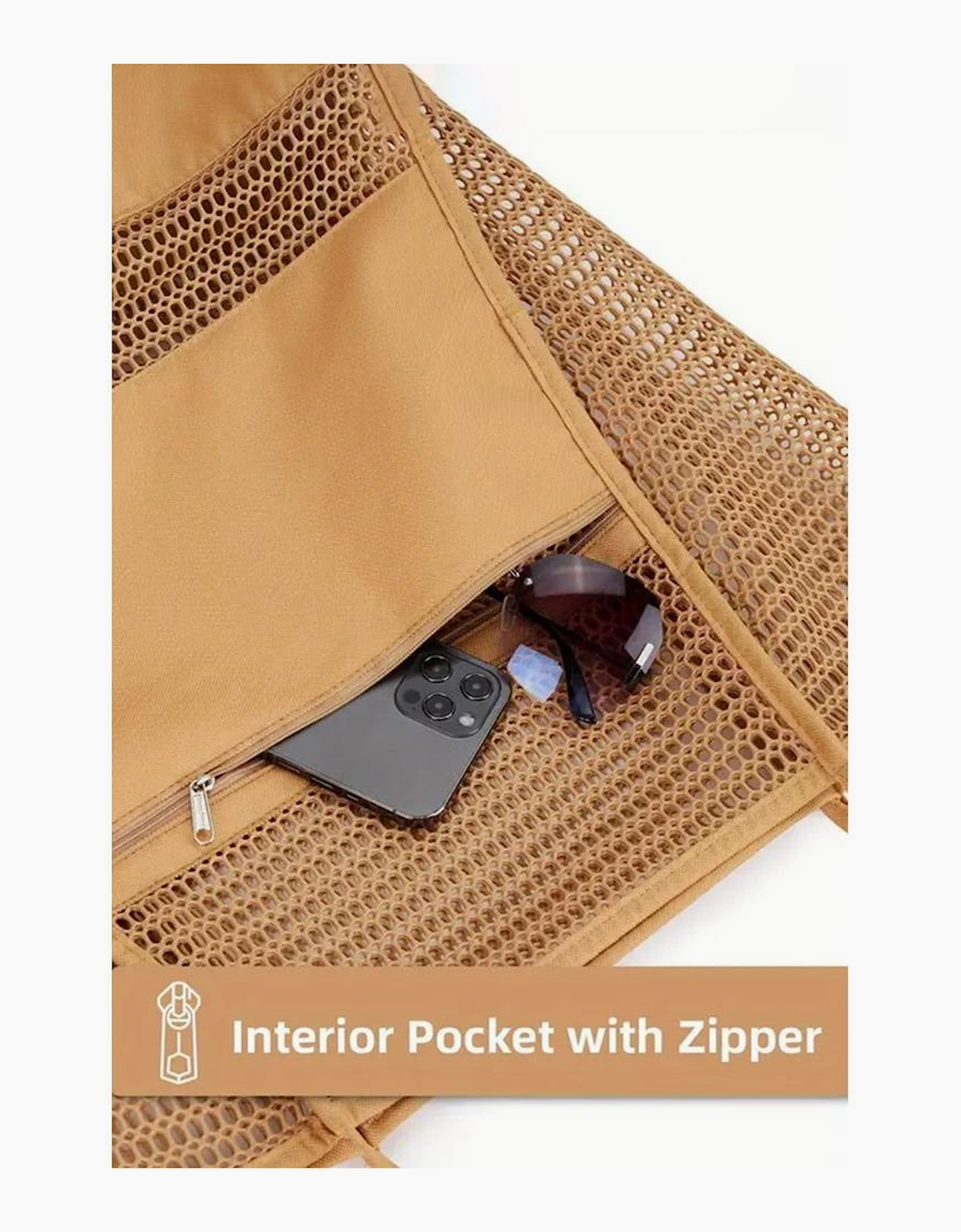 Azura Exchange Light French Beige Hollowed Zipped Interior Pocket Nylon Tote Bag