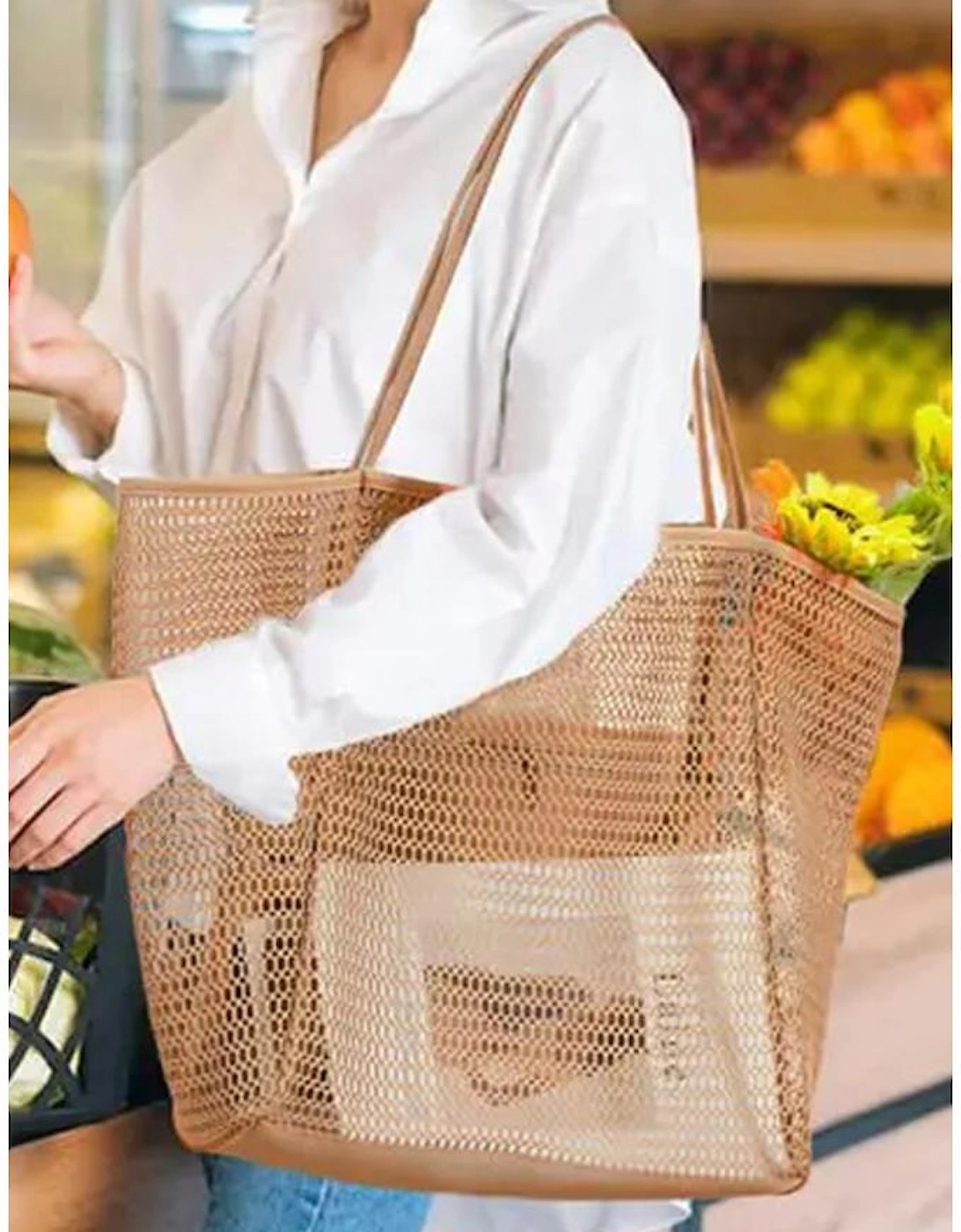 Azura Exchange Light French Beige Hollowed Zipped Interior Pocket Nylon Tote Bag, 7 of 6