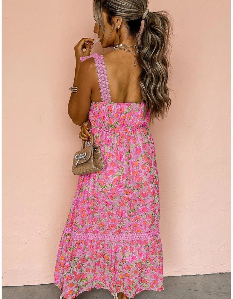 Rose Floral Lace Tied Strap Empire Waist Maxi Dress