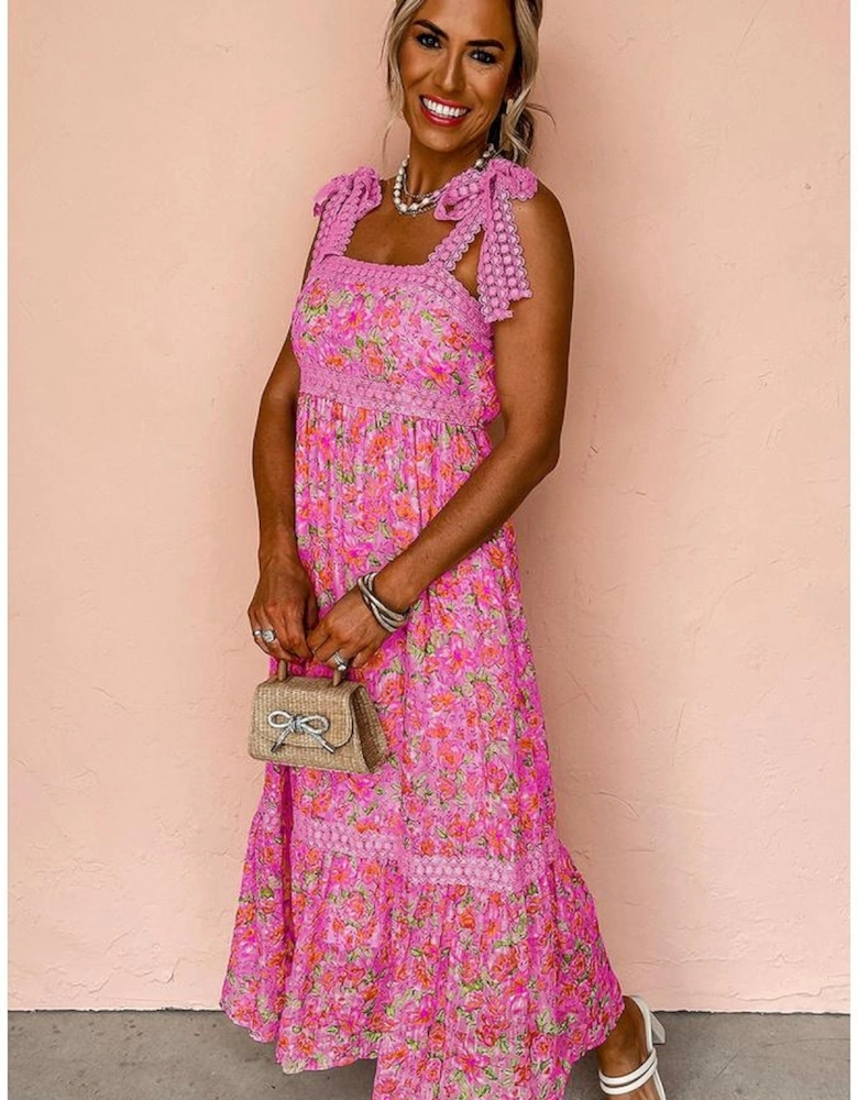 Rose Floral Lace Tied Strap Empire Waist Maxi Dress