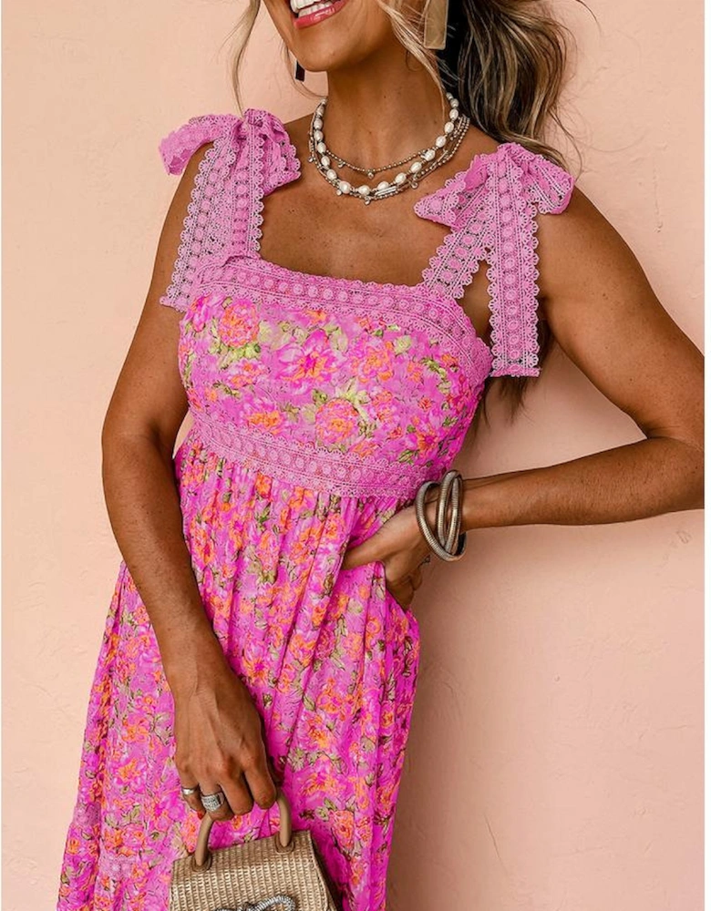 Rose Floral Lace Tied Strap Empire Waist Maxi Dress