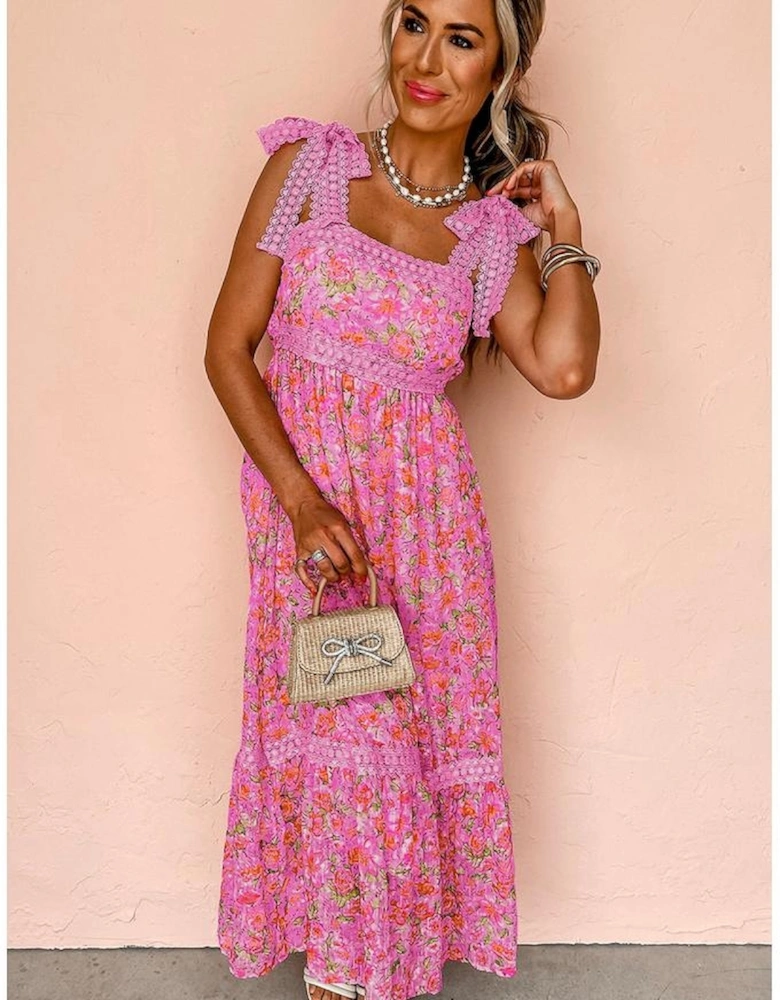 Rose Floral Lace Tied Strap Empire Waist Maxi Dress