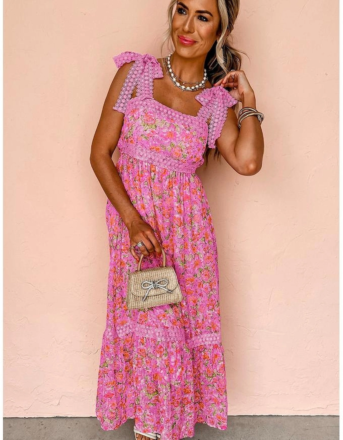 Rose Floral Lace Tied Strap Empire Waist Maxi Dress
