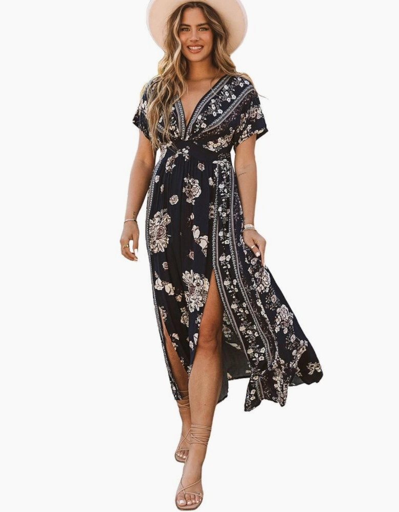 Azura Exchange V Neck Empire Waist Long Dress with Double Slits