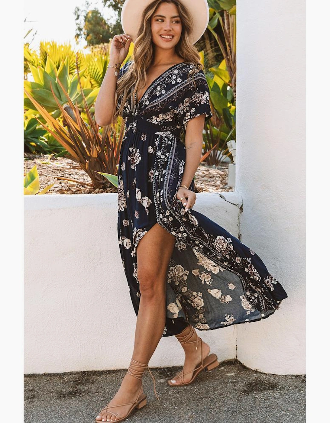 Azura Exchange V Neck Empire Waist Long Dress with Double Slits