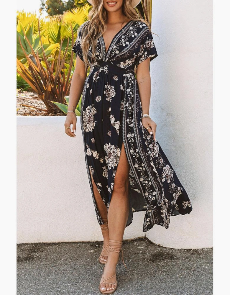 Azura Exchange V Neck Empire Waist Long Dress with Double Slits