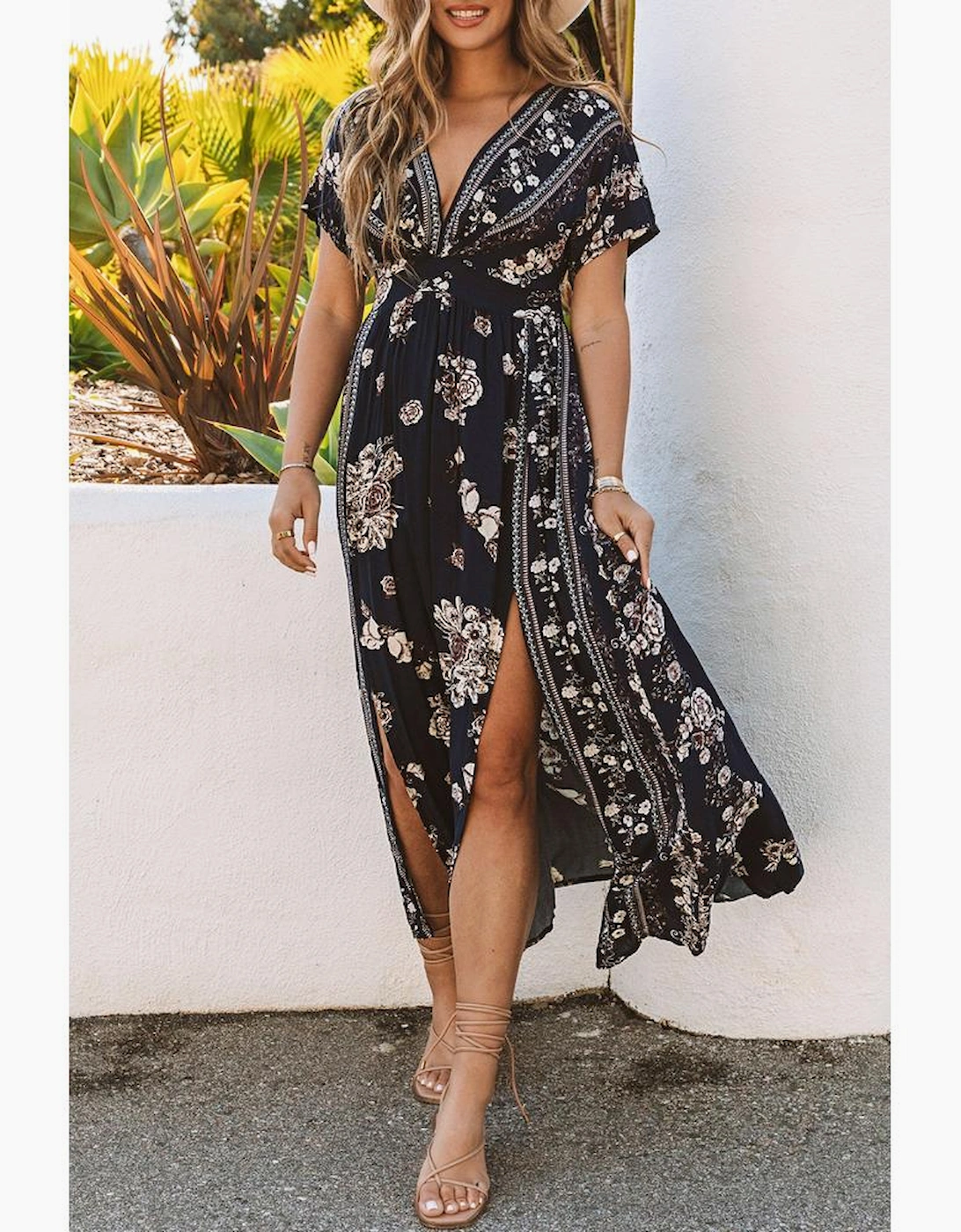 Azura Exchange V Neck Empire Waist Long Dress with Double Slits