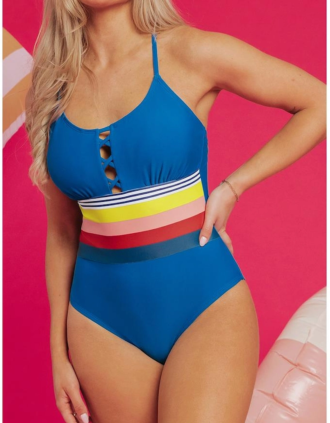 Prussian Blue Contrast Stripe Accent Crisscross One Piece Swimwear