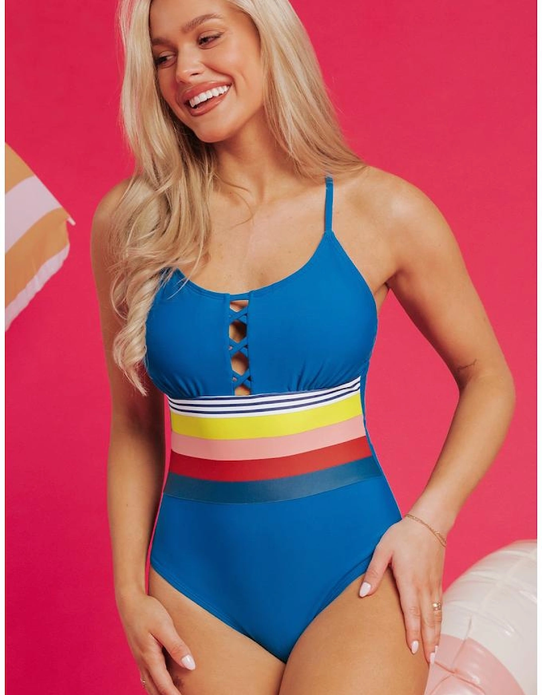 Prussian Blue Contrast Stripe Accent Crisscross One Piece Swimwear