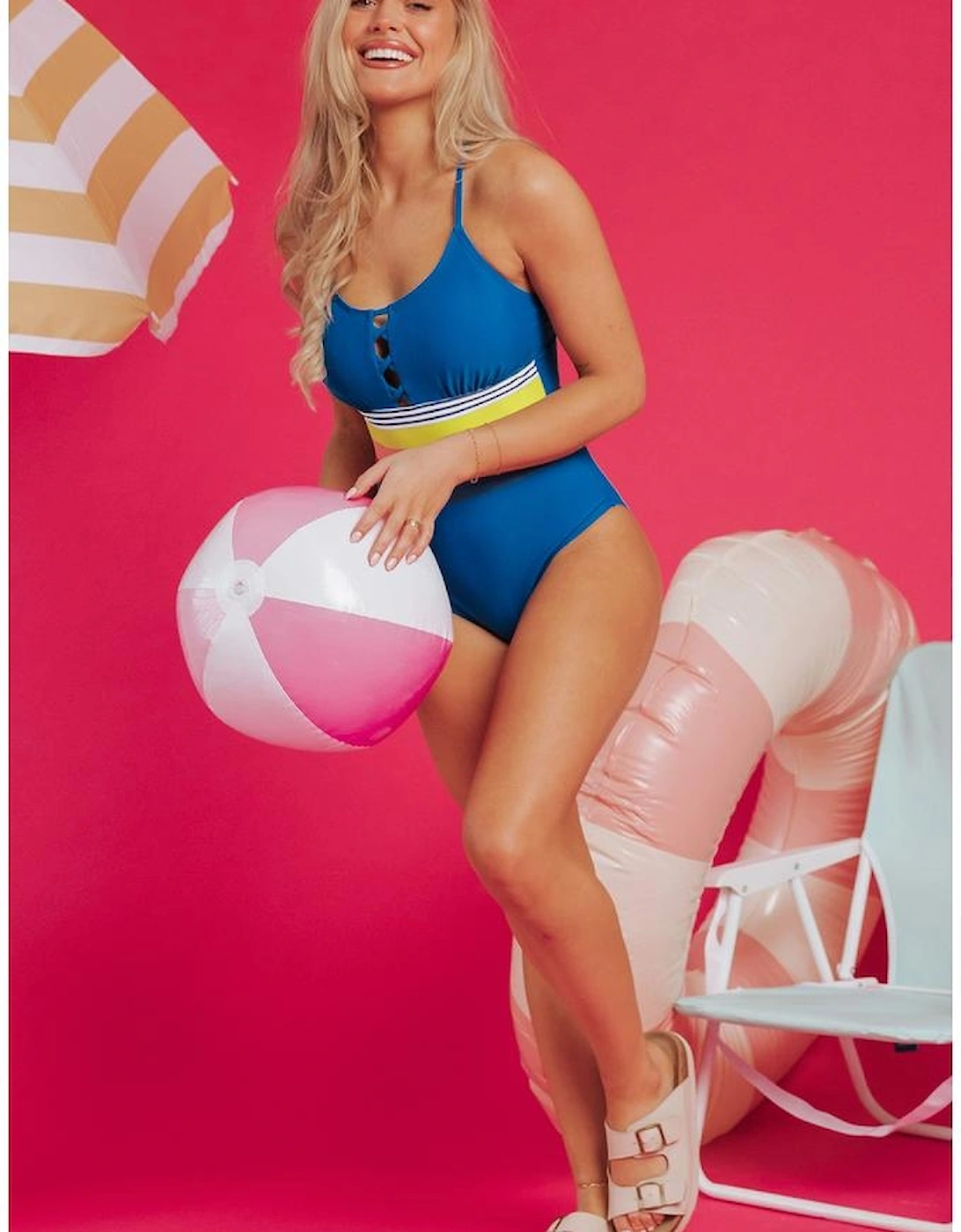 Prussian Blue Contrast Stripe Accent Crisscross One Piece Swimwear