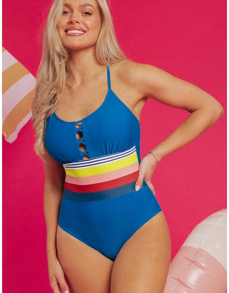 Prussian Blue Contrast Stripe Accent Crisscross One Piece Swimwear