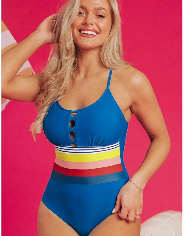 Prussian Blue Contrast Stripe Accent Crisscross One Piece Swimwear