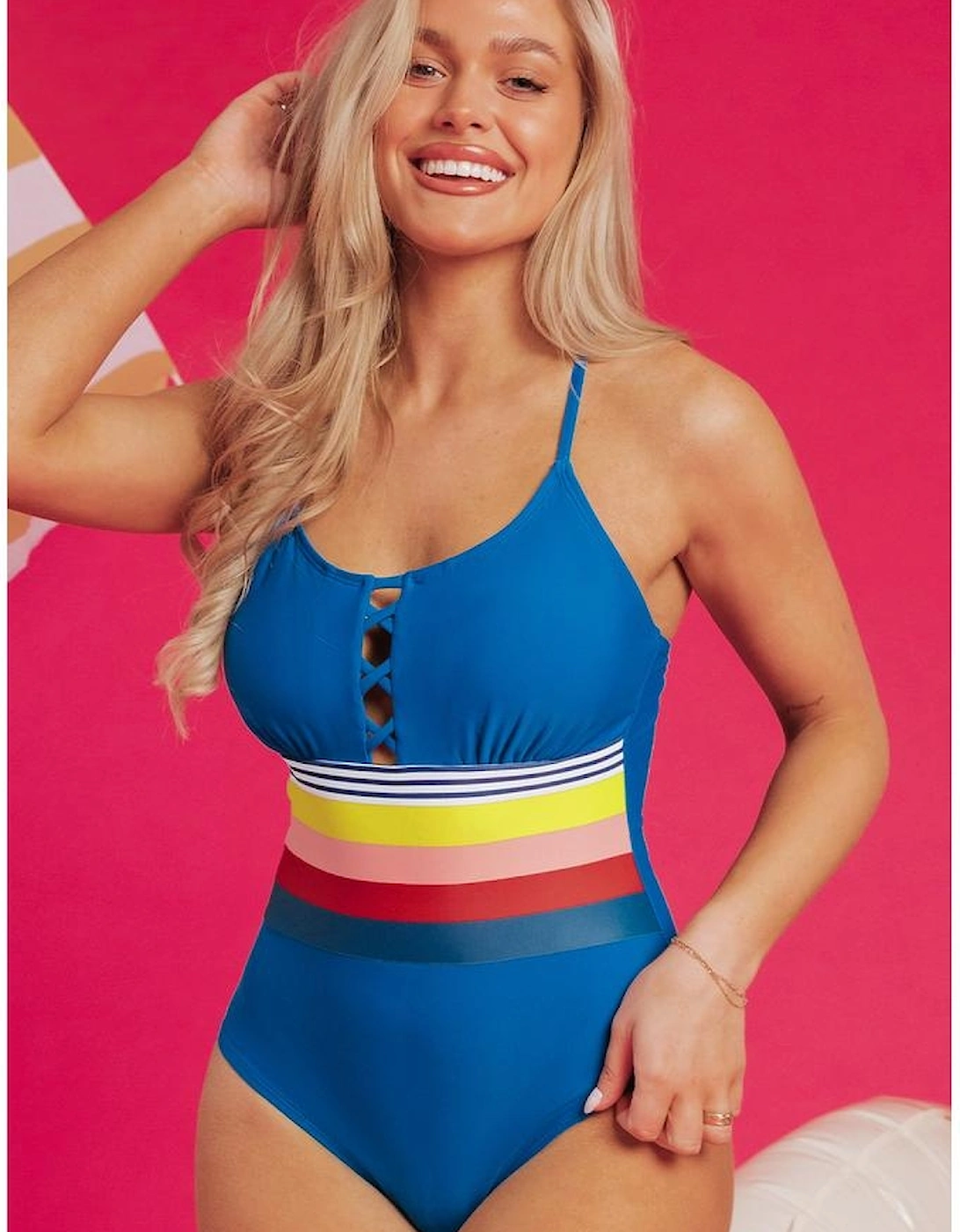 Prussian Blue Contrast Stripe Accent Crisscross One Piece Swimwear