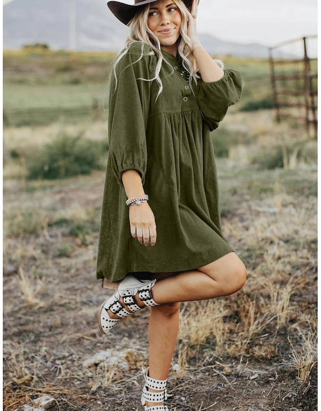 Vineyard Green Corduroy Snap Buttons Empire Waist Bracelet Sleeve Dress