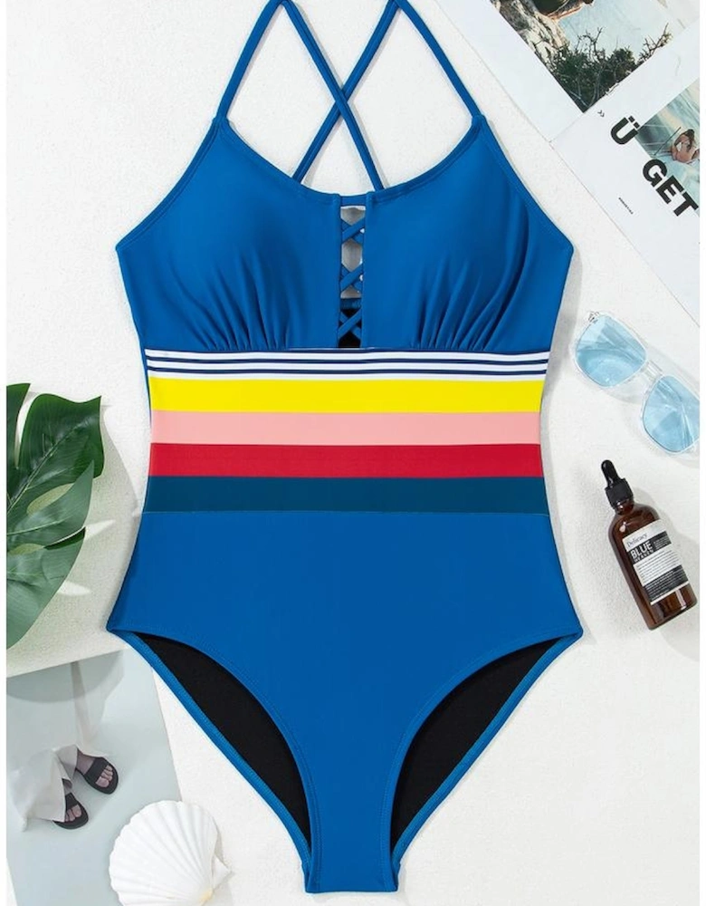 Prussian Blue Contrast Stripe Accent Crisscross One Piece Swimwear
