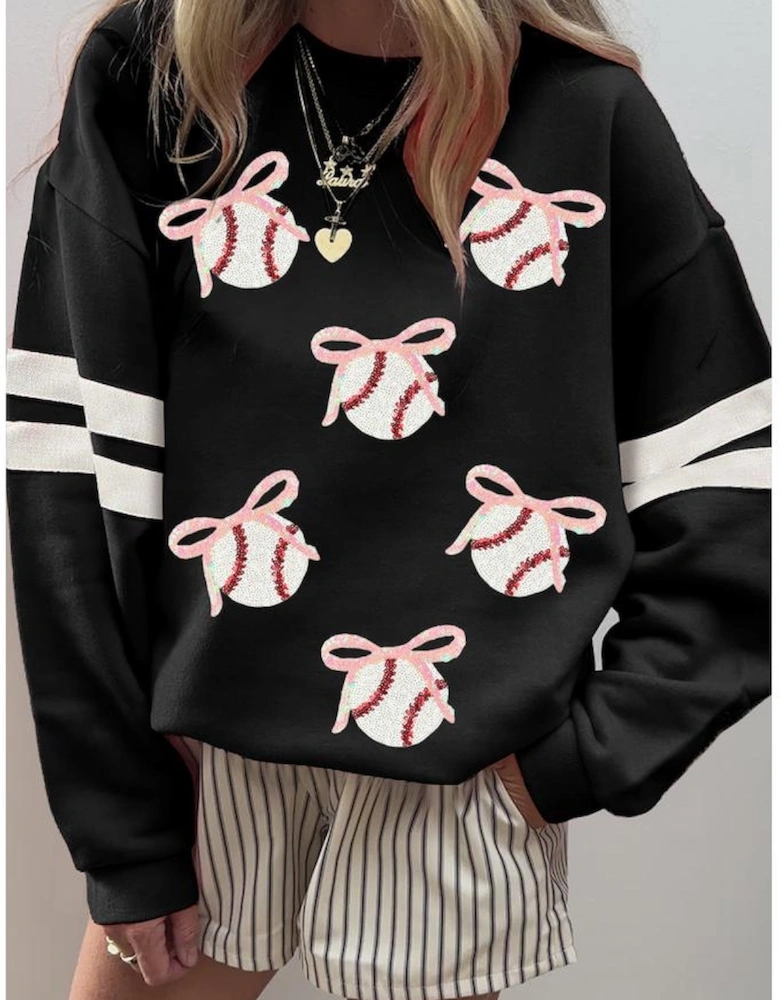 Black Bow Baseball Sequin Patched Oversized Varsity Sweatshirt