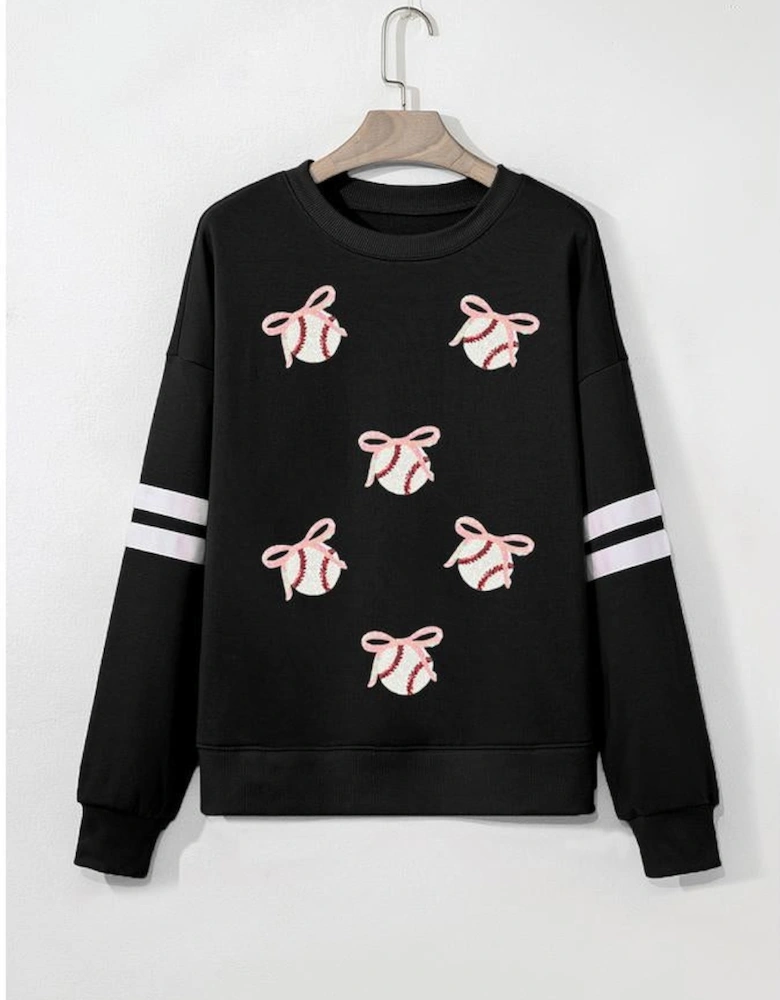 Black Bow Baseball Sequin Patched Oversized Varsity Sweatshirt