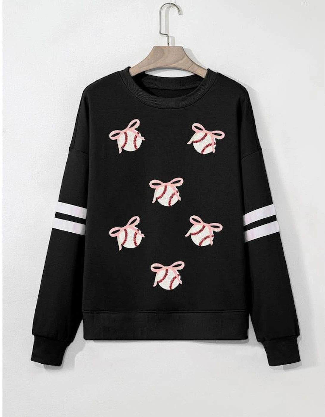 Black Bow Baseball Sequin Patched Oversized Varsity Sweatshirt, 4 of 3