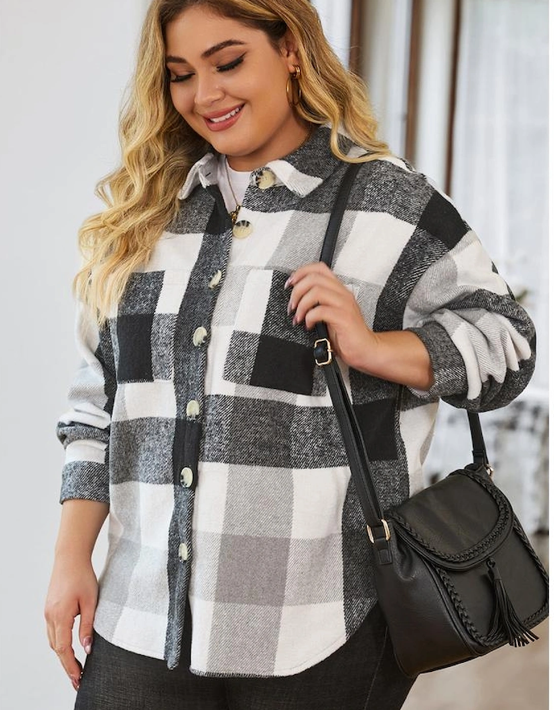 Gray Plus Size Checkered Button-Up Shacket