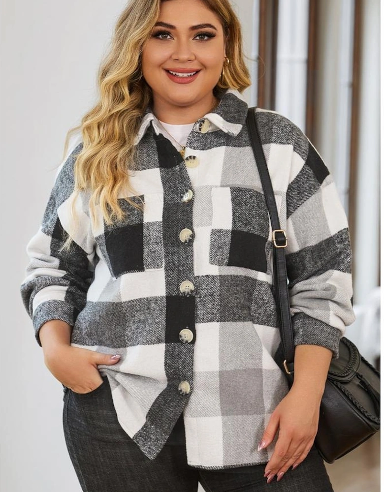 Gray Plus Size Checkered Button-Up Shacket