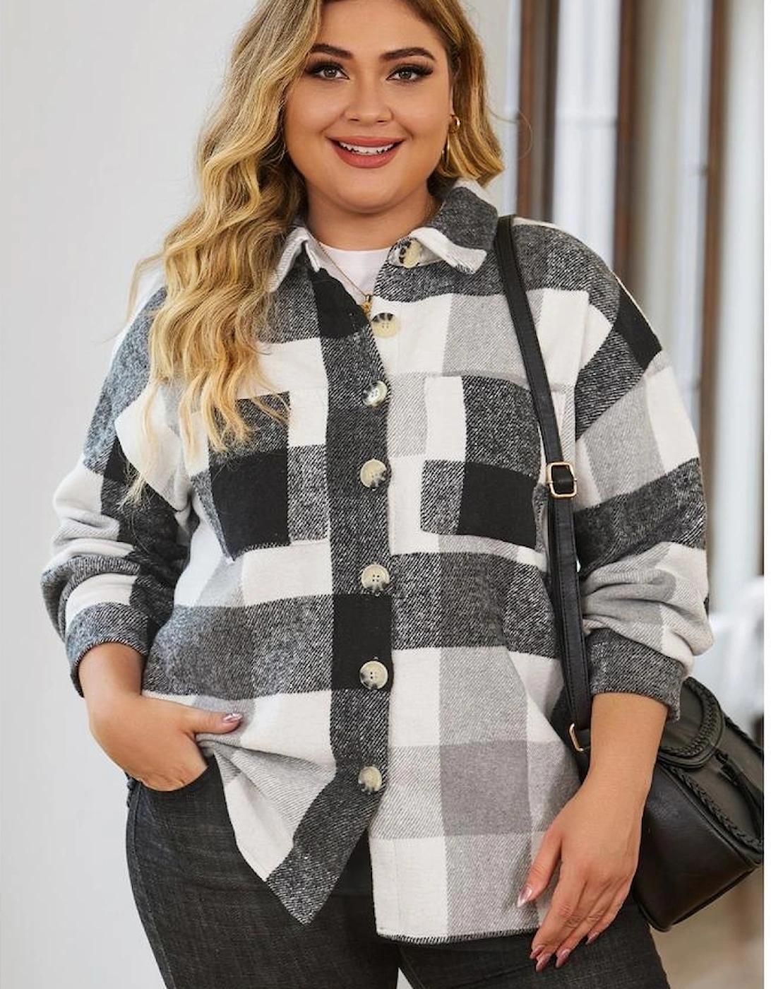 Gray Plus Size Checkered Button-Up Shacket, 15 of 14