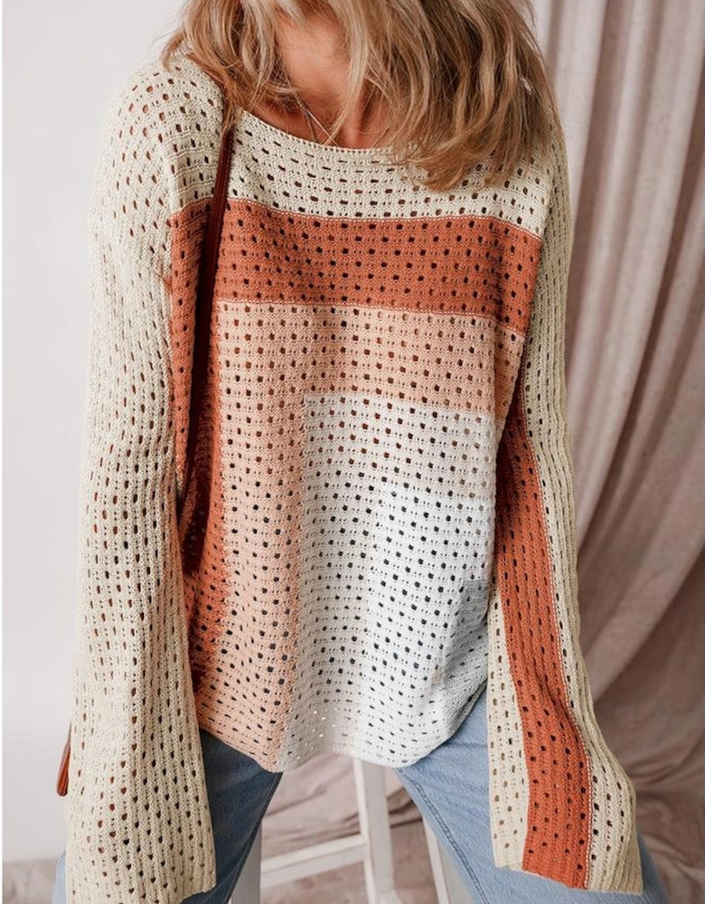 Apricot Pointelle Knit Colorblock Baggy Sweater