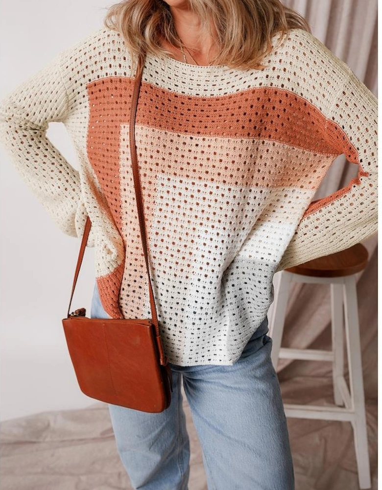 Apricot Pointelle Knit Colorblock Baggy Sweater