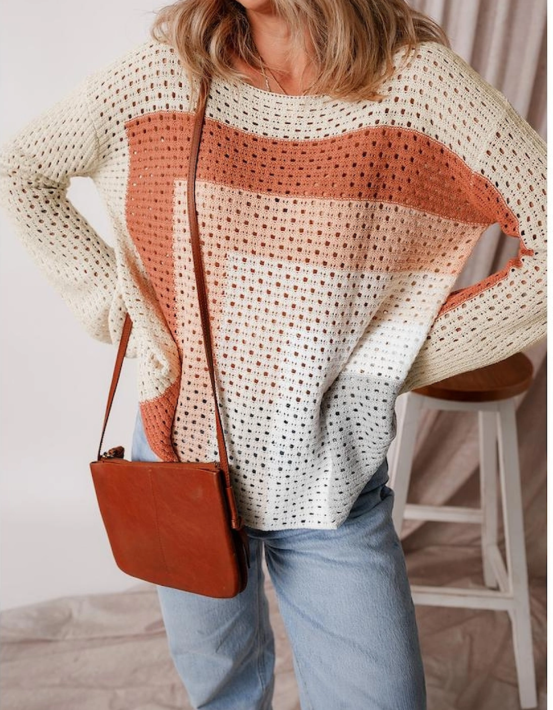 Apricot Pointelle Knit Colorblock Baggy Sweater