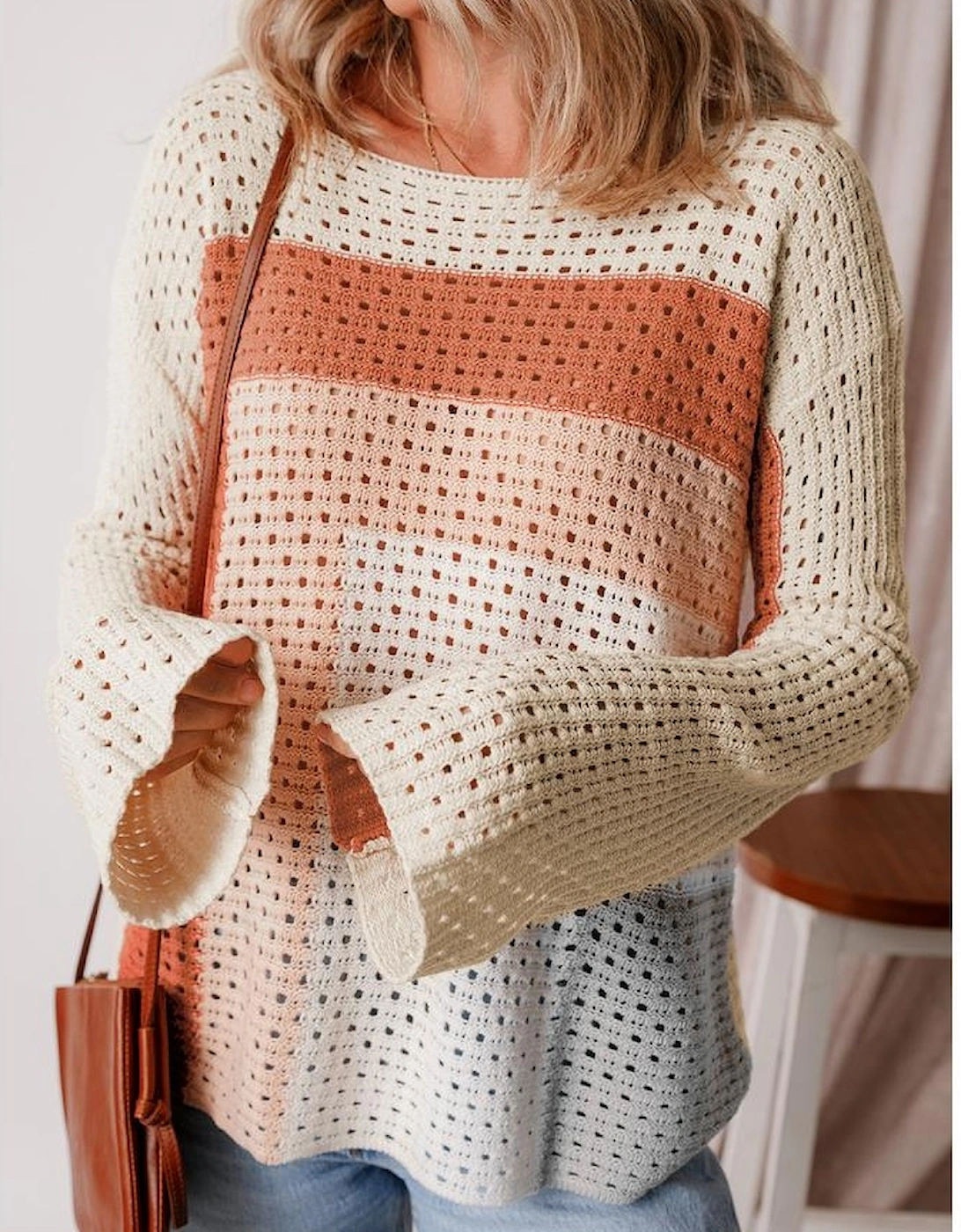 Apricot Pointelle Knit Colorblock Baggy Sweater