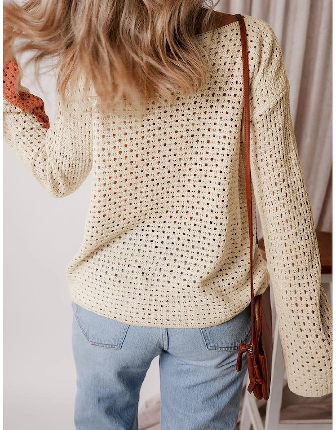 Apricot Pointelle Knit Colorblock Baggy Sweater, 16 of 15