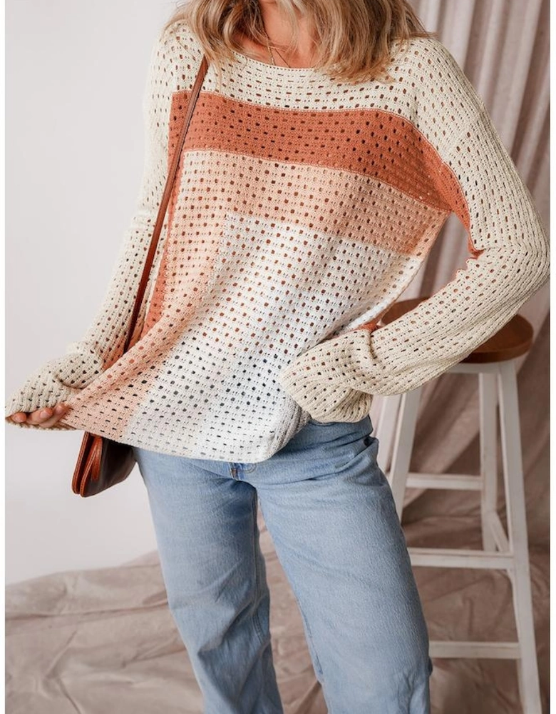 Apricot Pointelle Knit Colorblock Baggy Sweater
