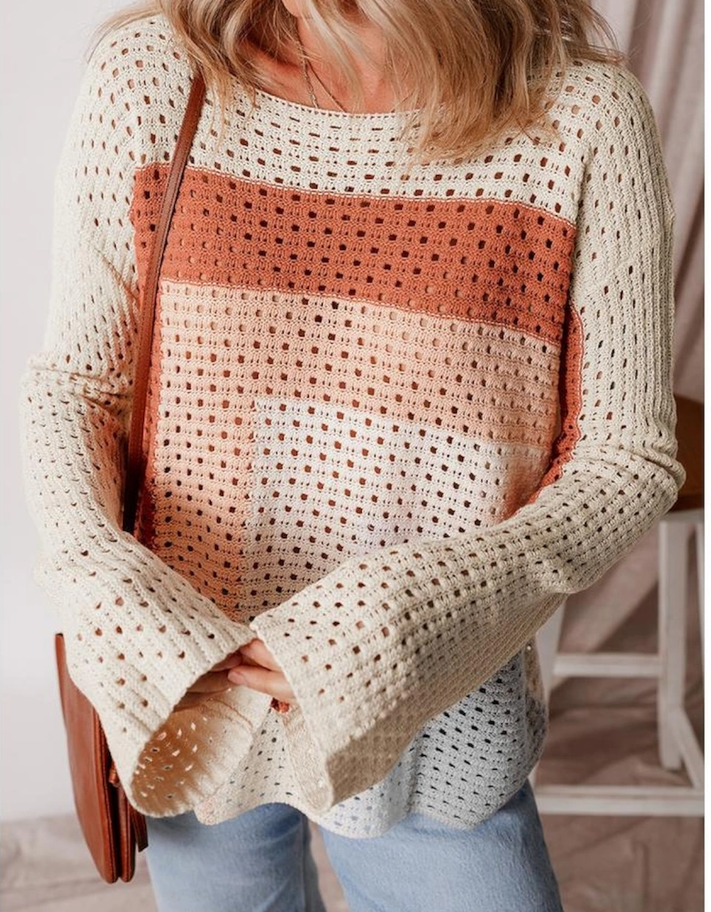 Apricot Pointelle Knit Colorblock Baggy Sweater