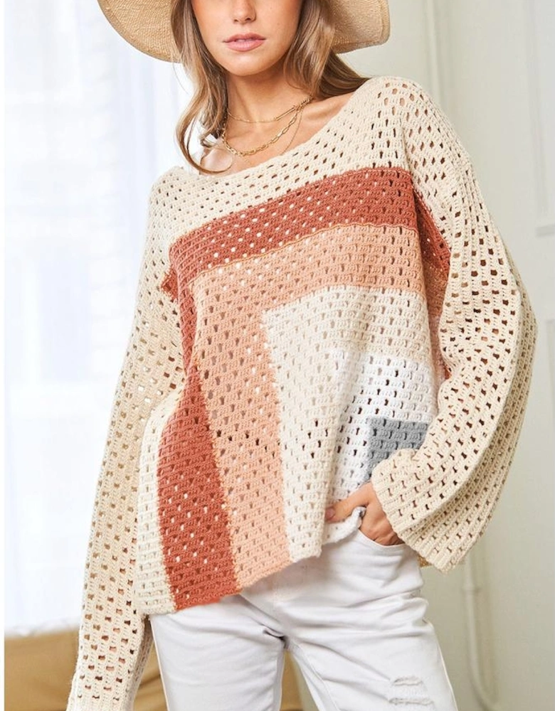 Apricot Pointelle Knit Colorblock Baggy Sweater