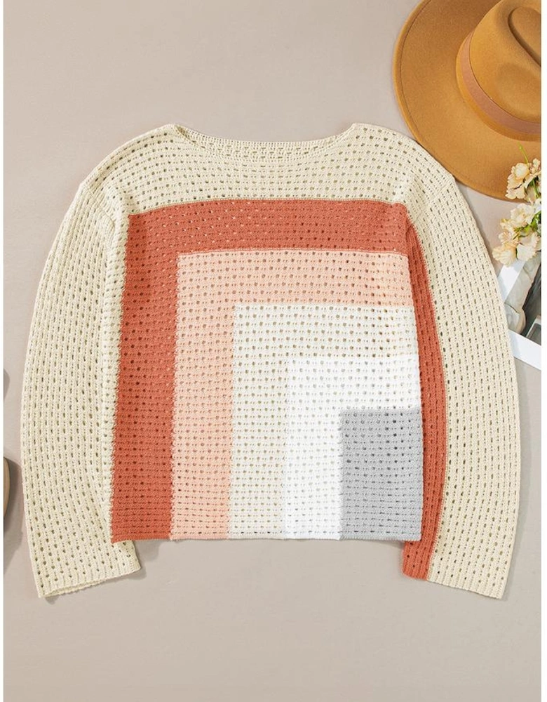Apricot Pointelle Knit Colorblock Baggy Sweater
