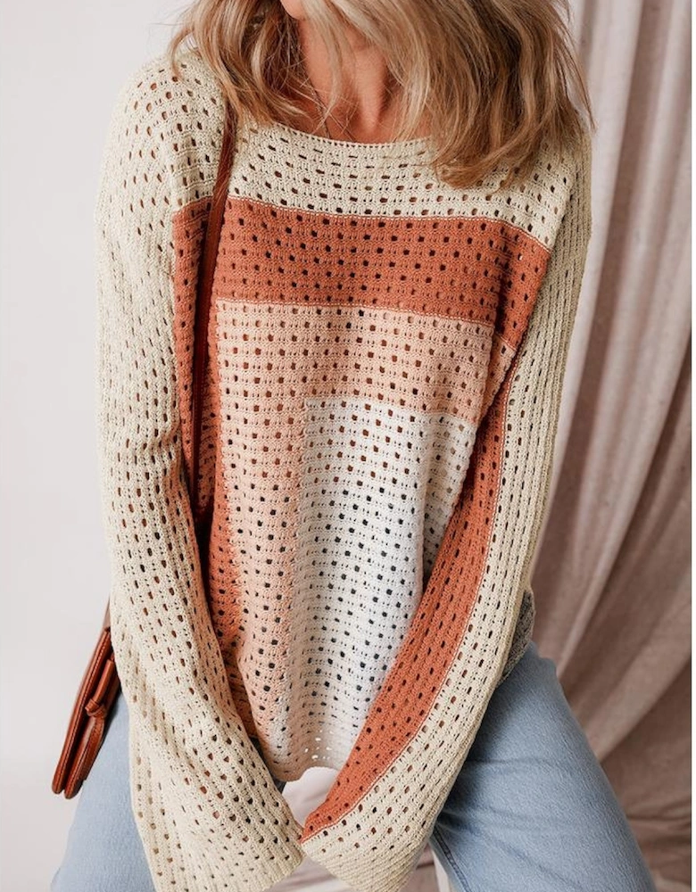 Apricot Pointelle Knit Colorblock Baggy Sweater