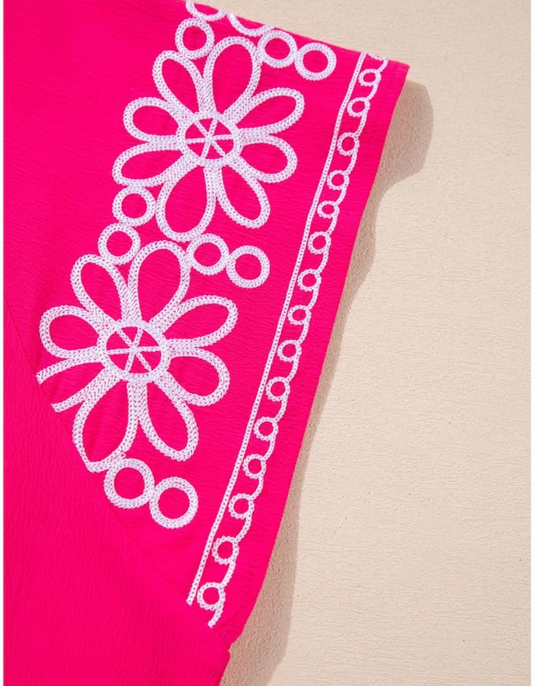 Strawberry Pink Floral Embroidered Flutter Sleeve Pleated O Neck Plus Size Blouse