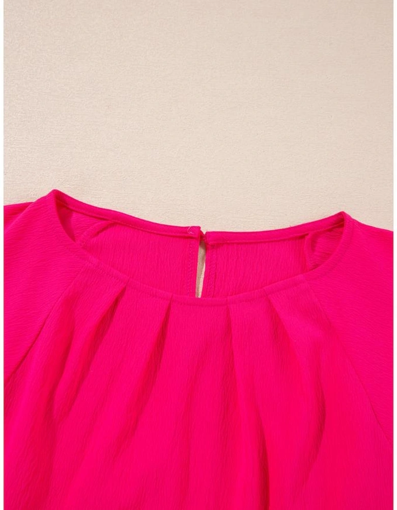 Strawberry Pink Floral Embroidered Flutter Sleeve Pleated O Neck Plus Size Blouse