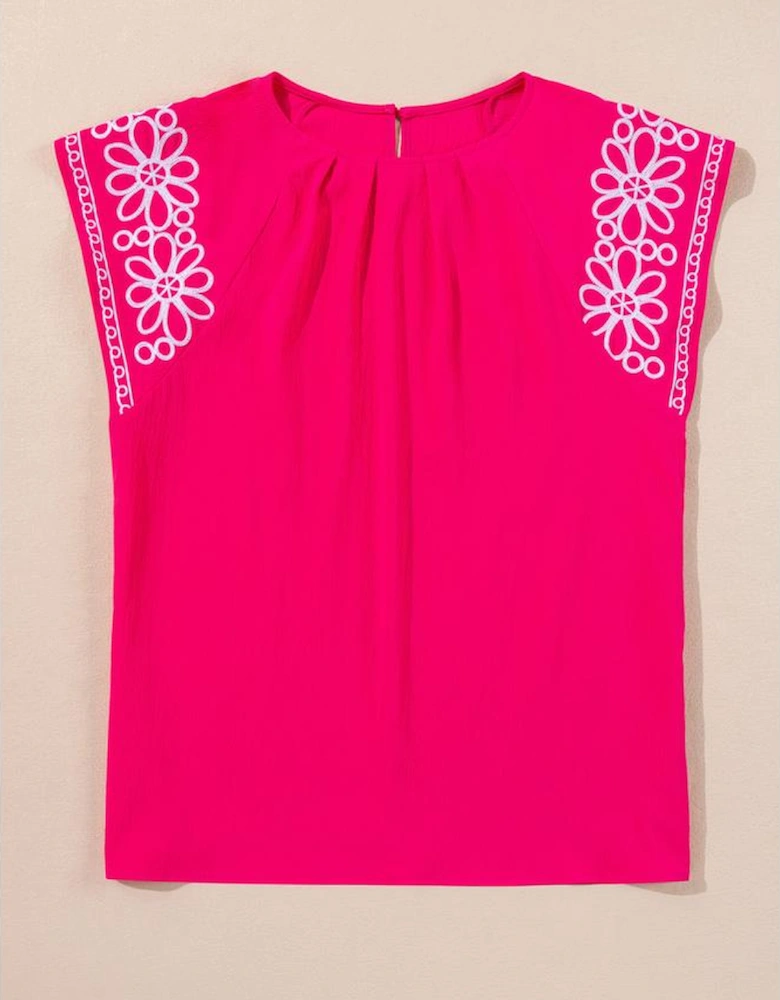 Strawberry Pink Floral Embroidered Flutter Sleeve Pleated O Neck Plus Size Blouse