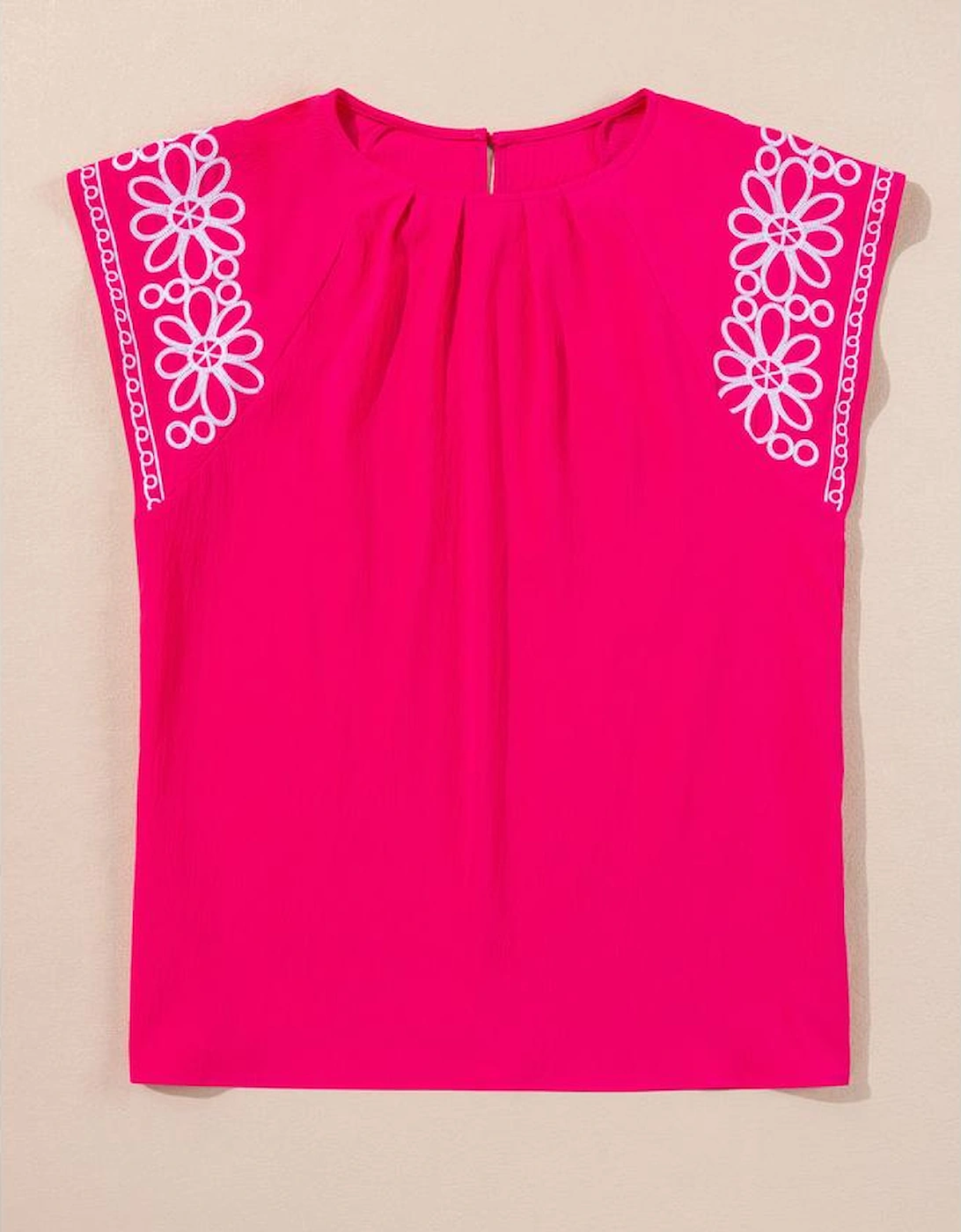 Strawberry Pink Floral Embroidered Flutter Sleeve Pleated O Neck Plus Size Blouse