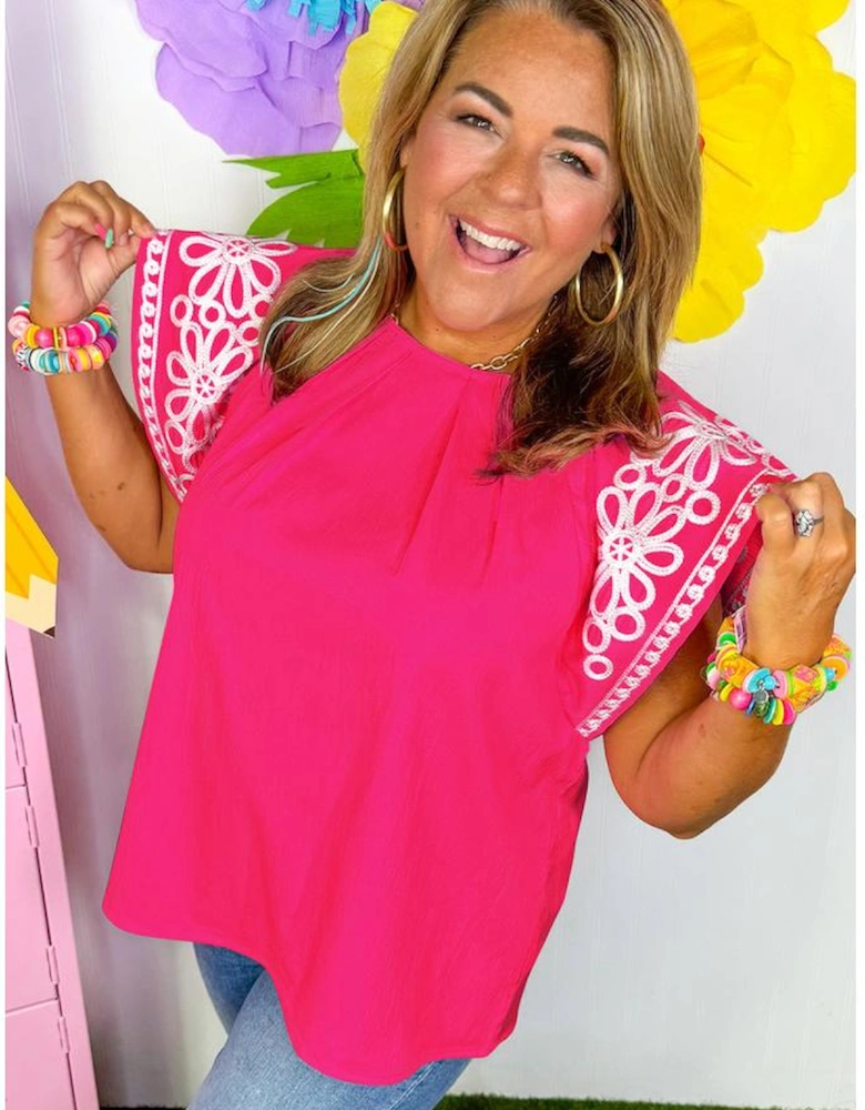 Strawberry Pink Floral Embroidered Flutter Sleeve Pleated O Neck Plus Size Blouse