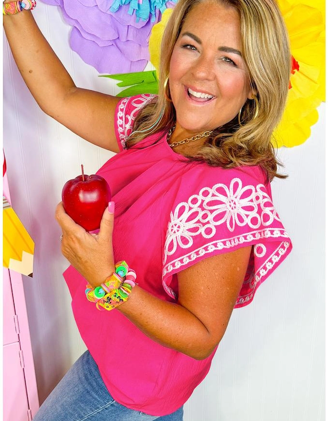 Strawberry Pink Floral Embroidered Flutter Sleeve Pleated O Neck Plus Size Blouse