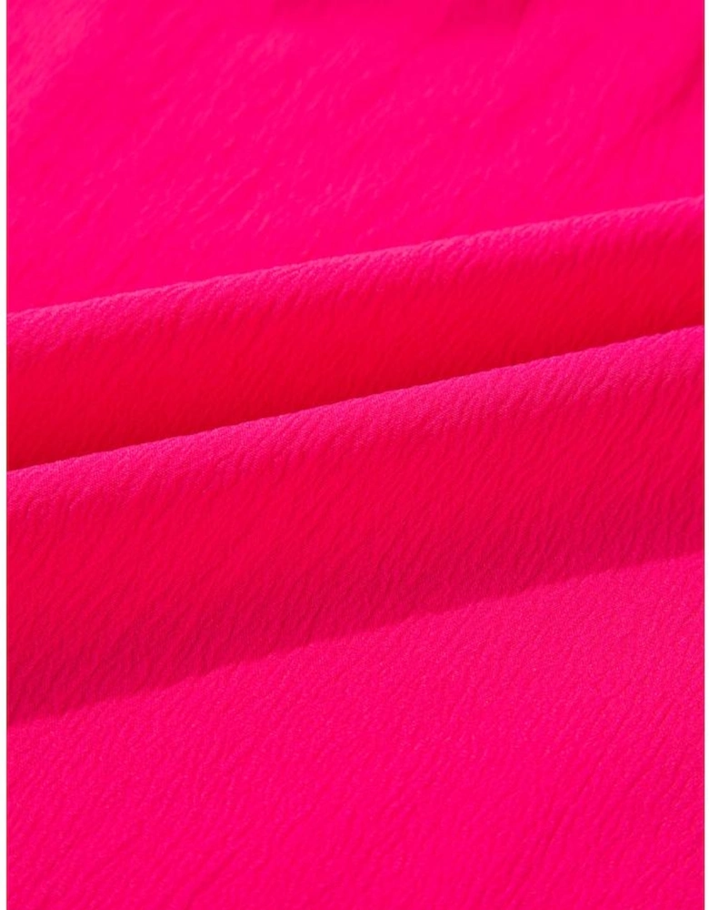 Strawberry Pink Floral Embroidered Flutter Sleeve Pleated O Neck Plus Size Blouse