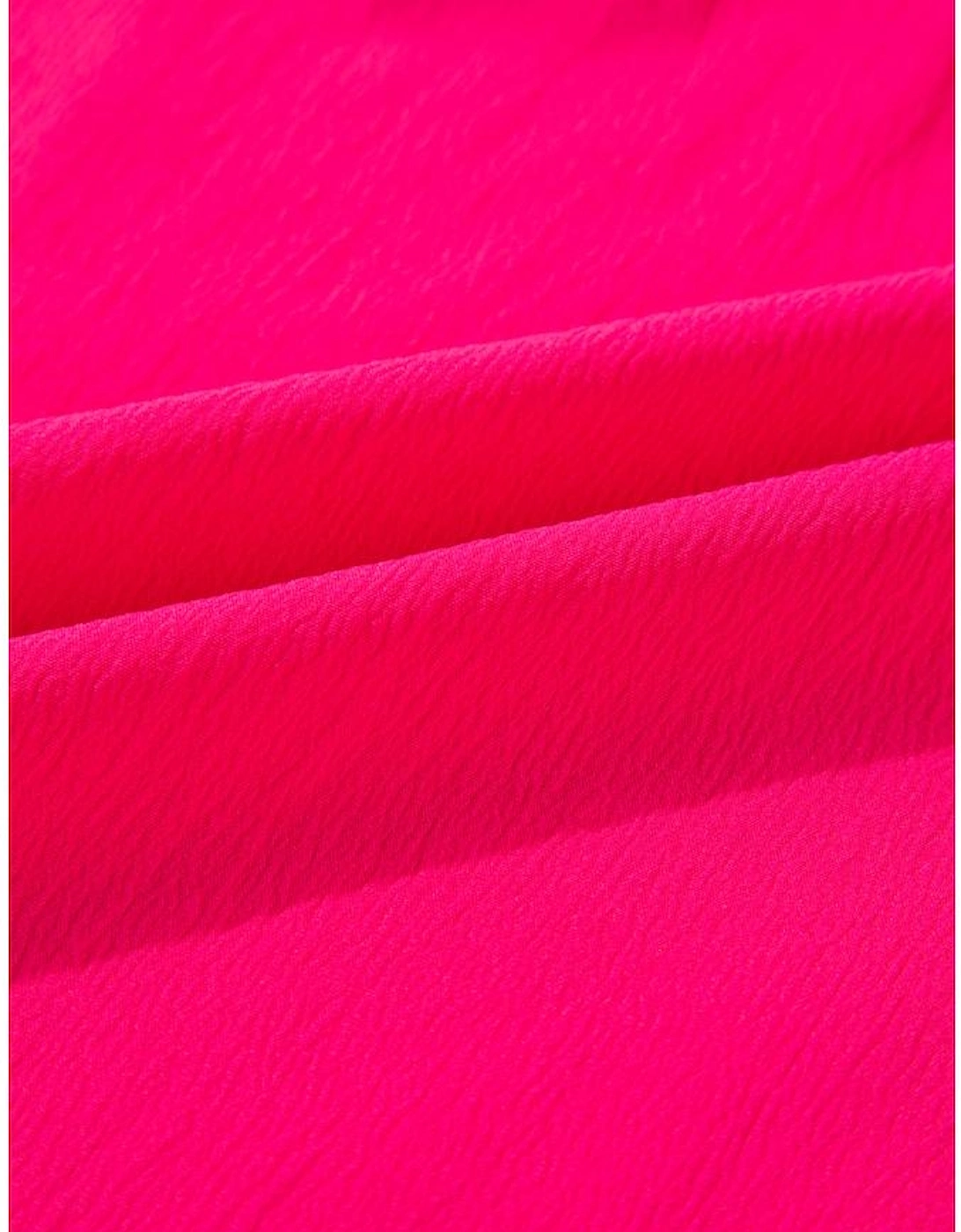 Strawberry Pink Floral Embroidered Flutter Sleeve Pleated O Neck Plus Size Blouse